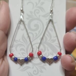 Chic Silver Earrings with Red and Blue Beads